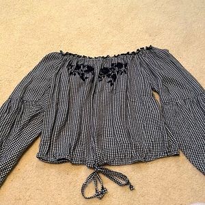 off the shoulder dark navy/black checker with floral